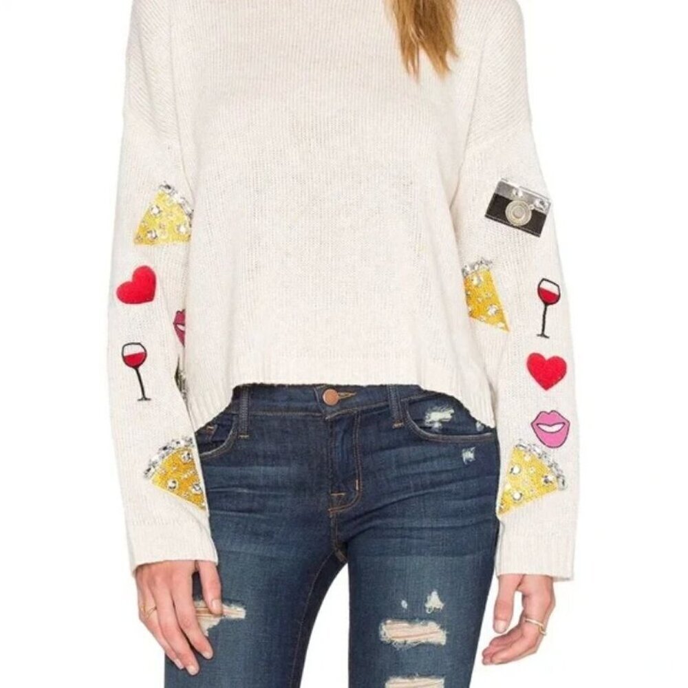 Wildfox Emoji Knit Jeweled Ivory Sweater Size XS